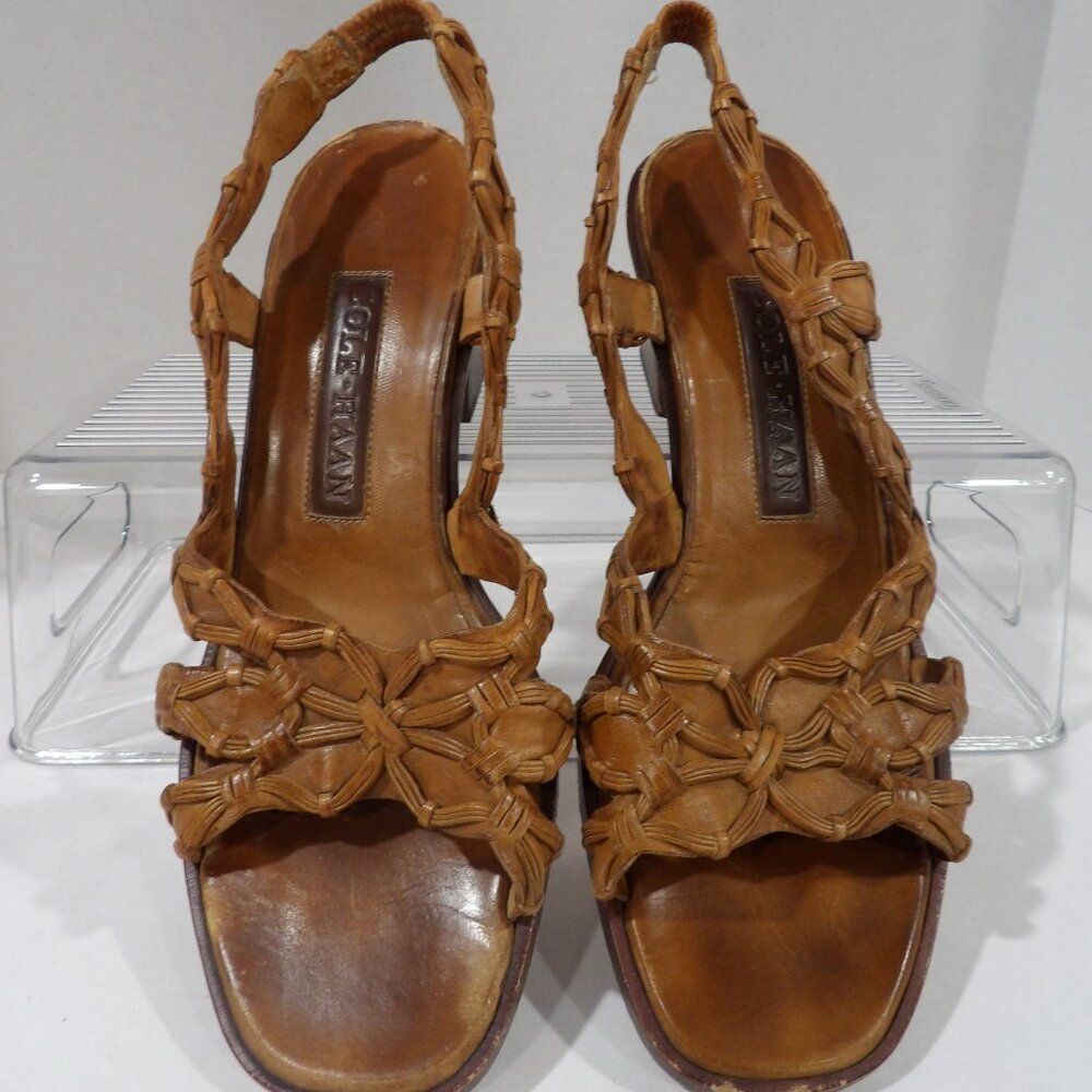 Cole Haan Vintage Resort Tan Knotted Leather Slingback Wedge Sandals Siz…